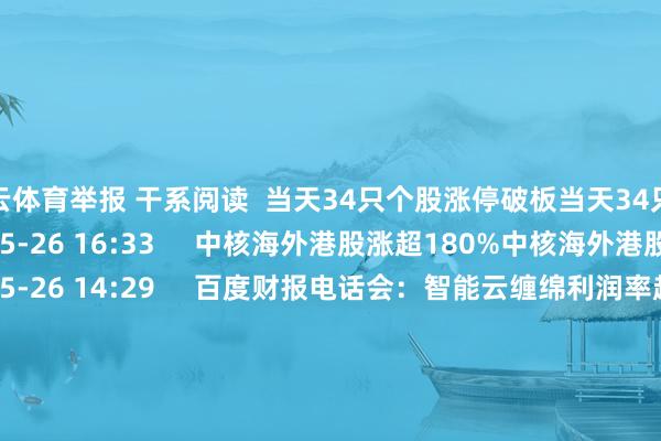 开云体育举报 干系阅读  当天34只个股涨停破板当天34只个股涨停破板    0  05-26 16:33     中核海外港股涨超180%中核海外港股涨超180%    18  05-26 14:29     百度财报电话会：智能云缠绵利润率超10%百度财报电话会：智能云缠绵利润率超10%    25  05-21 20:48     当天30只个股涨停破板当天30只个股涨停破板    0  0
